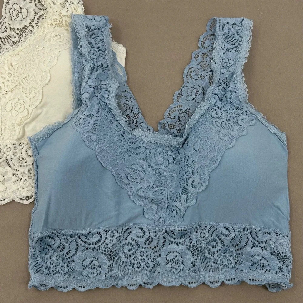 A Beautiful Soul‎ Lace Bralette Women B Blue White Floral Crop Boho Coquette 2PK